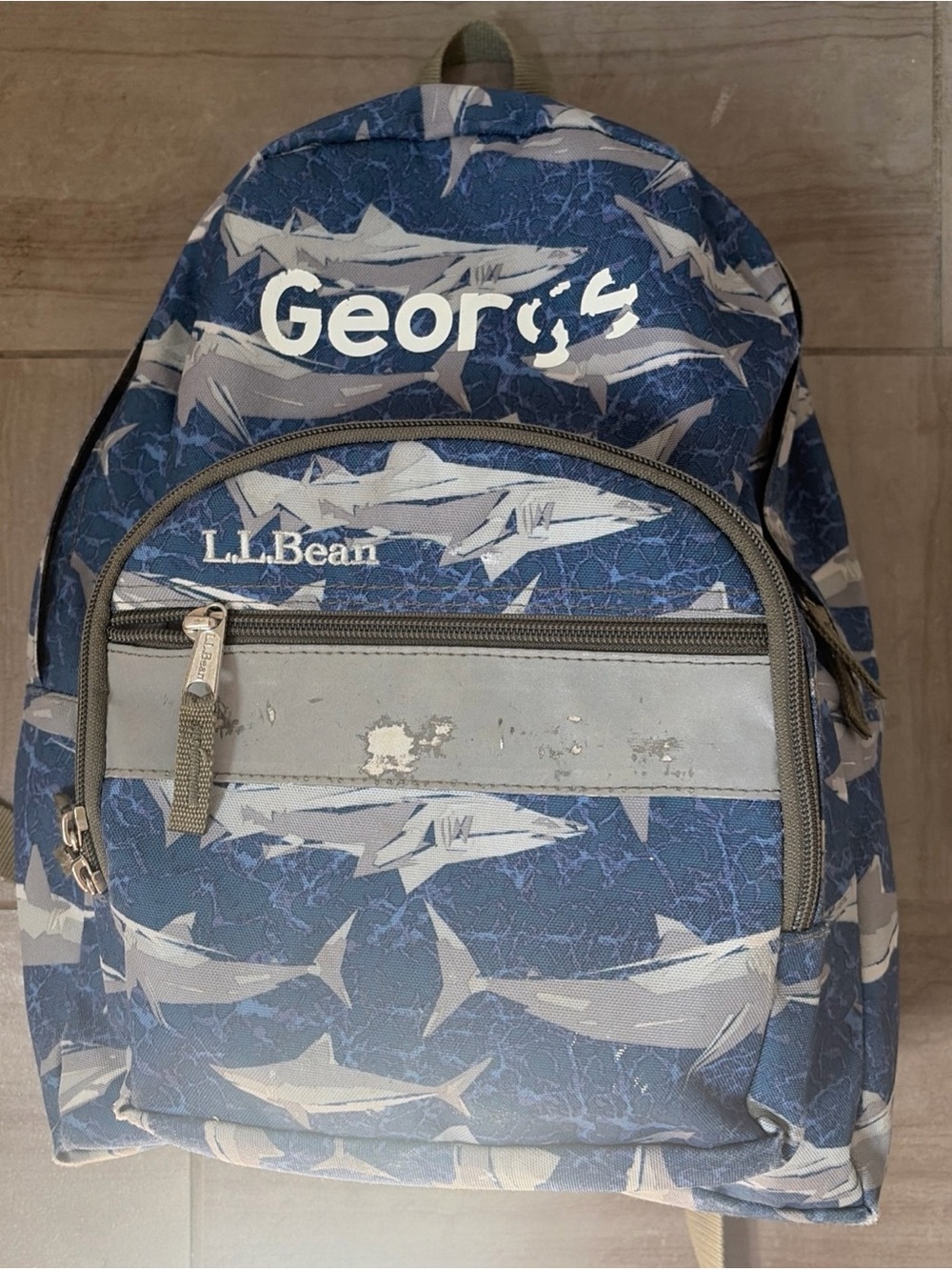 L.L. Bean Pre-School Blue Shark-Print Backpack with Gray Accent